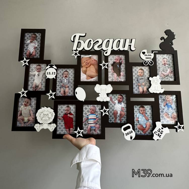 Дитяча метрика-фоторамка на 13 фото іменна