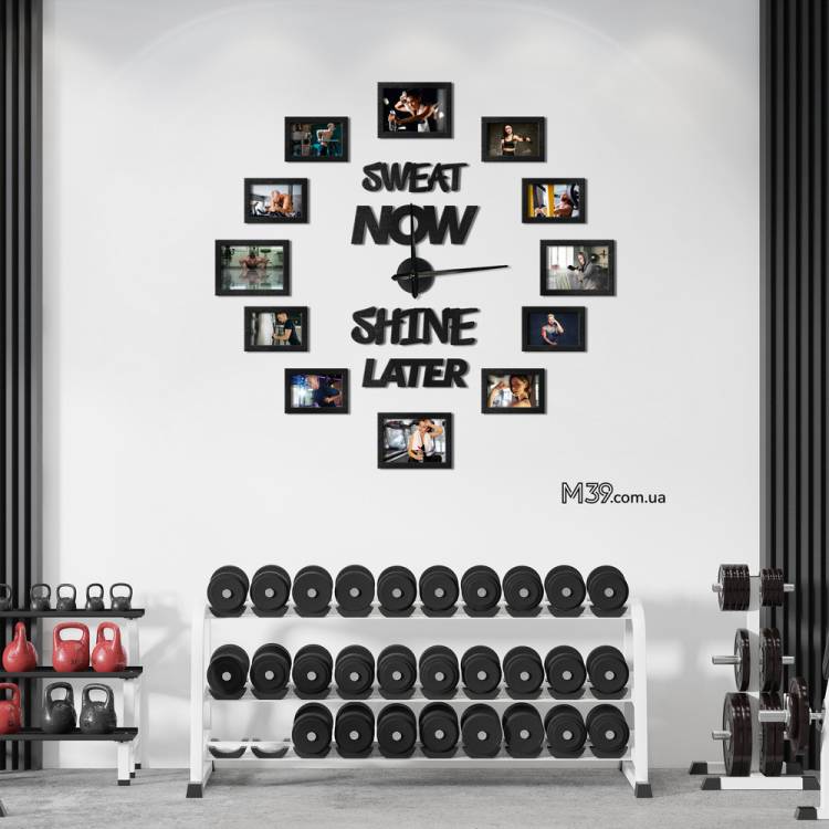 Годинник в Спортзал "Sweat Now - Shine Later" з Фоторамками з Дерева