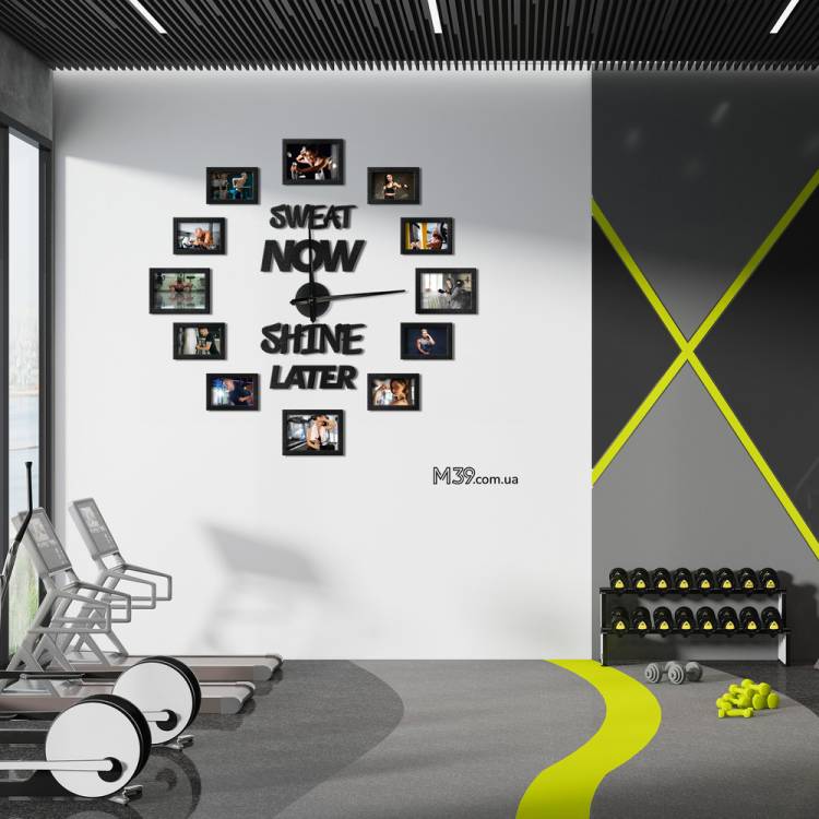 Годинник в Спортзал "Sweat Now - Shine Later" з Фоторамками з Дерева