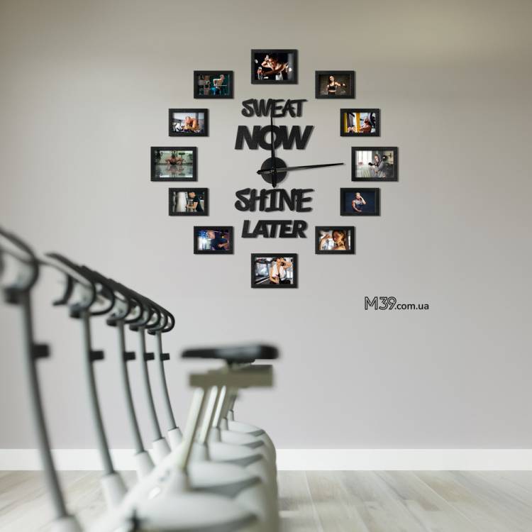 Годинник в Спортзал "Sweat Now - Shine Later" з Фоторамками з Дерева