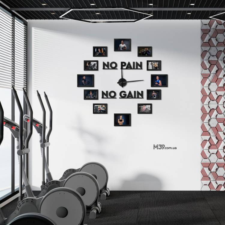 Декор в Спортзал - Часы "No Pain No Gain" с Фоторамками