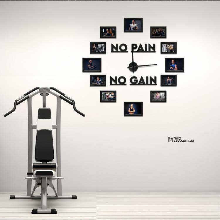 Декор в Спортзал - Часы "No Pain No Gain" с Фоторамками