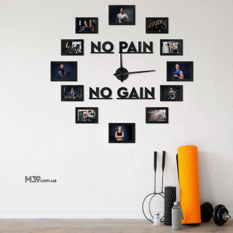 Декор в Спортзал - Часы "No Pain No Gain" с Фоторамками