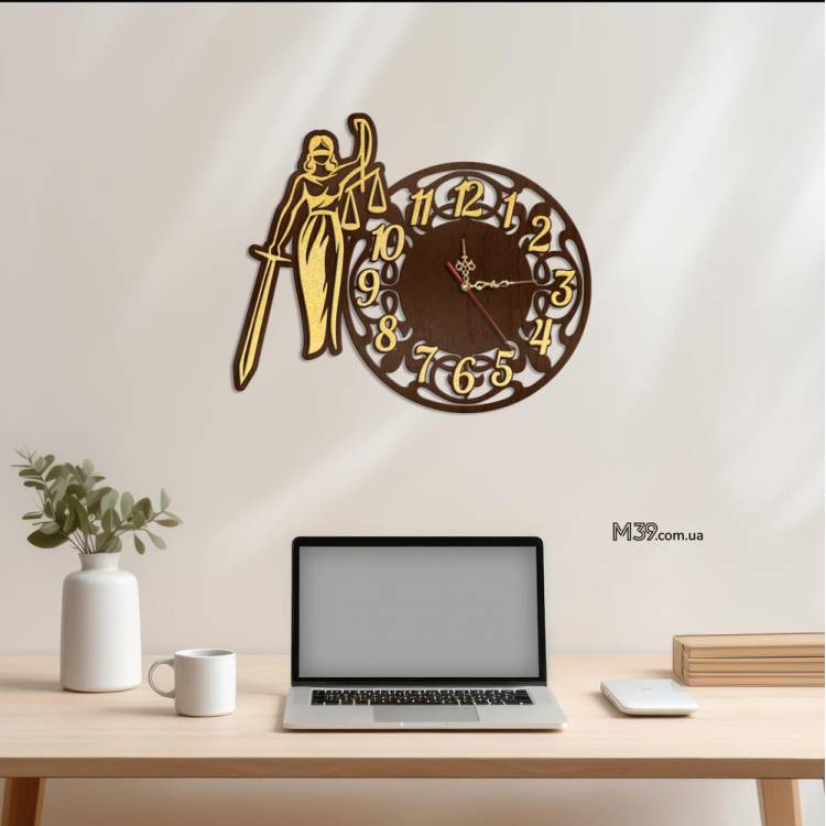 Подарунок Юристу - Годинник "Феміда" з Дерева Настінний