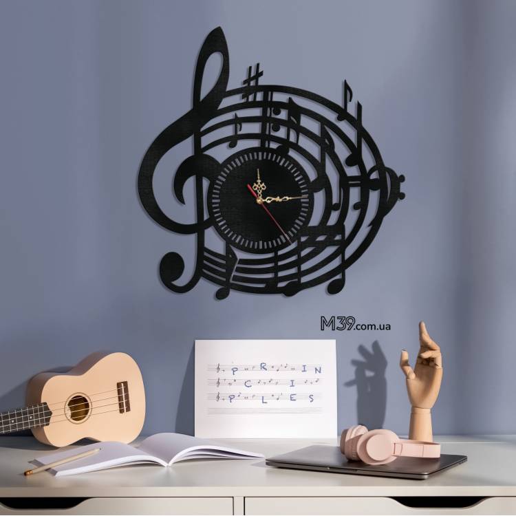 Подарунок Вчителю Музики - Годинник "Музика" з Дерева Настінний m39.com.ua Подарунок Вчителю Музики - Годинник "Музика" з Дерева Настінний