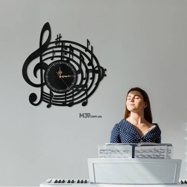 Подарунок Вчителю Музики - Годинник "Музика" з Дерева Настінний m39.com.ua Подарунок Вчителю Музики - Годинник "Музика" з Дерева Настінний