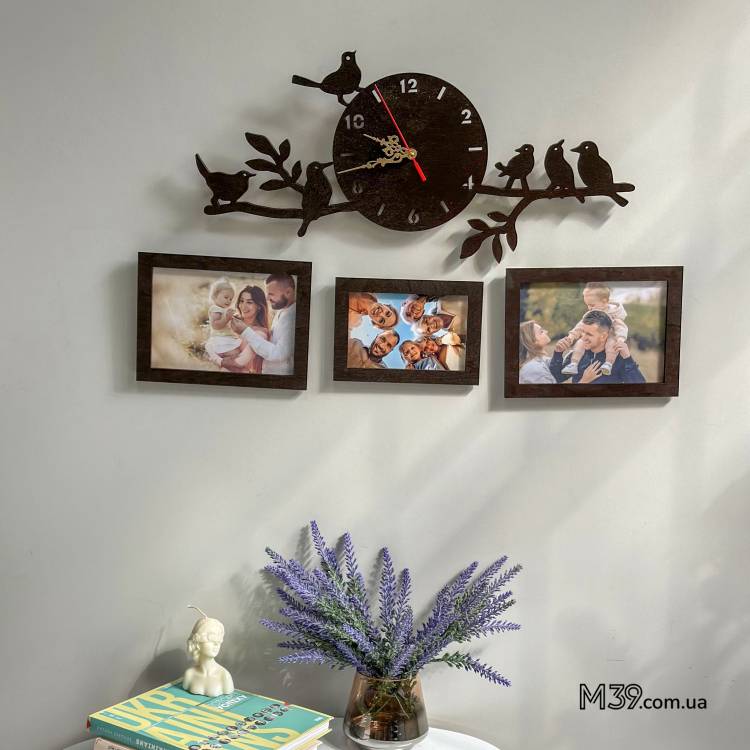 Часы Настенные "Веточка с Птичками" с Фоторамками