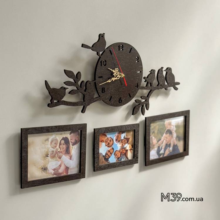 Часы Настенные "Веточка с Птичками" с Фоторамками
