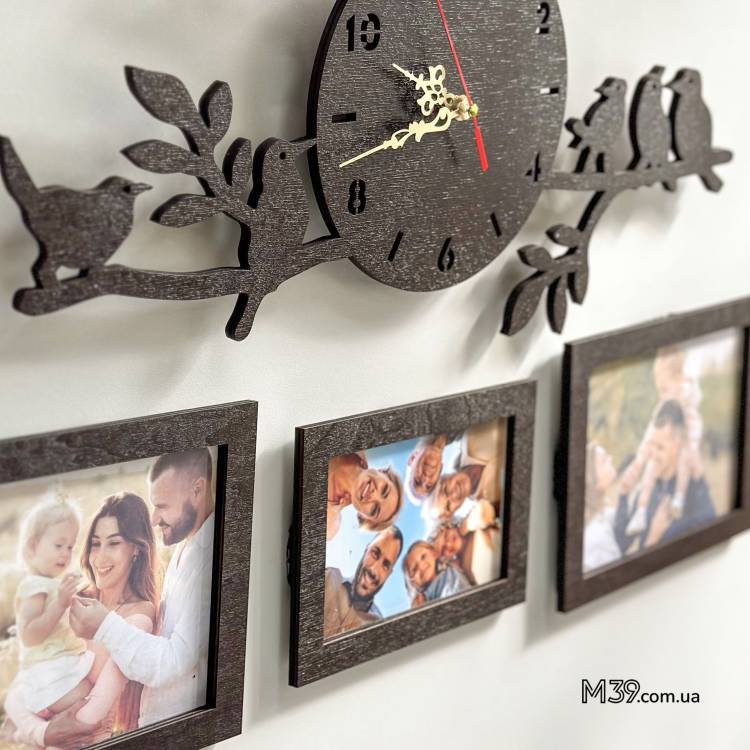 Часы Настенные "Веточка с Птичками" с Фоторамками