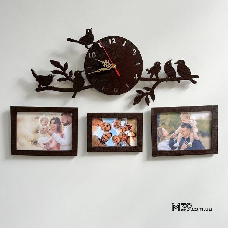 Часы Настенные "Веточка с Птичками" с Фоторамками