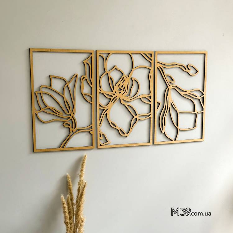 Декор из Дерева на Стену - Панно "Магнолия" Модульное из 3 Частей