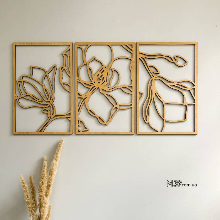 Декор из Дерева на Стену - Панно "Магнолия" Модульное из 3 Частей