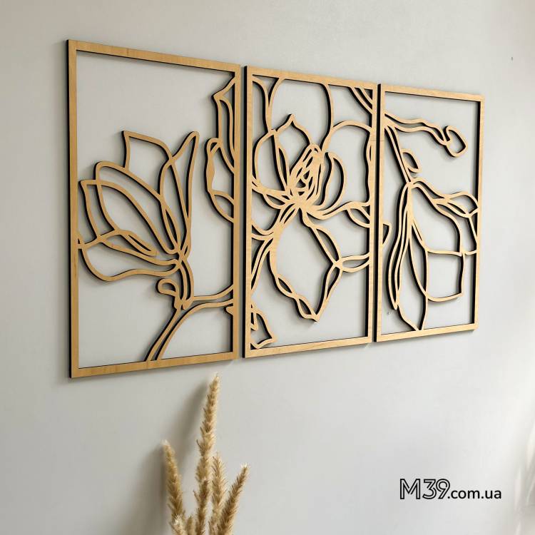 Декор из Дерева на Стену - Панно "Магнолия" Модульное из 3 Частей