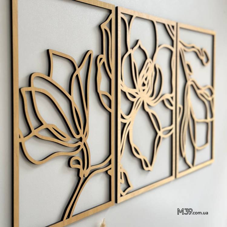 Декор из Дерева на Стену - Панно "Магнолия" Модульное из 3 Частей