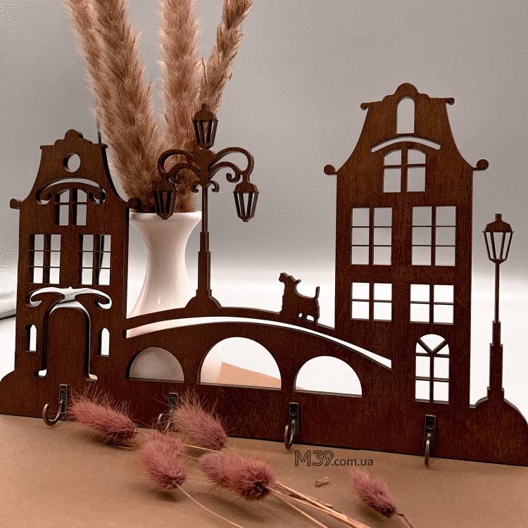 Ключница "Домики" из дерева настенная