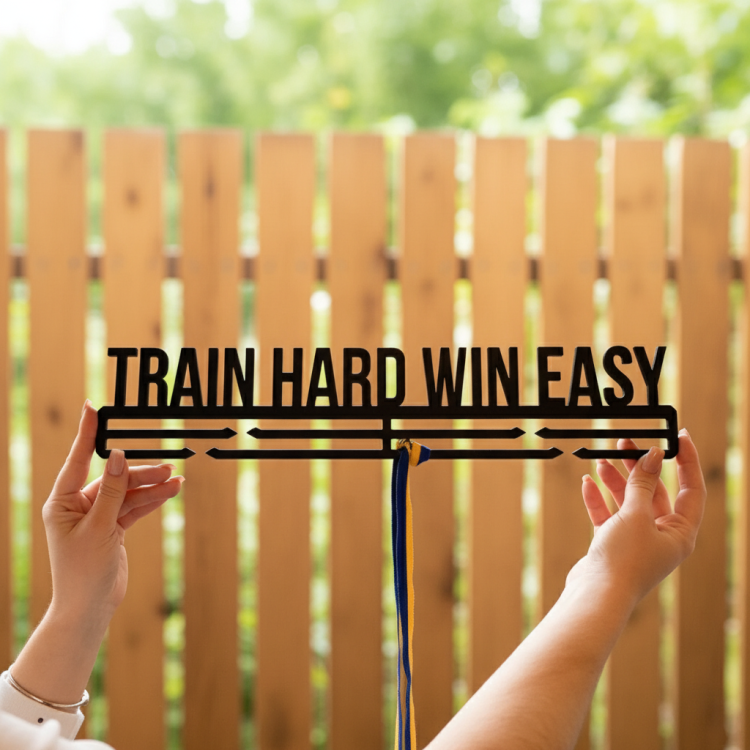 Медальниця з дерева, подарунок спортсмену TRAIN HARD WIN EASY