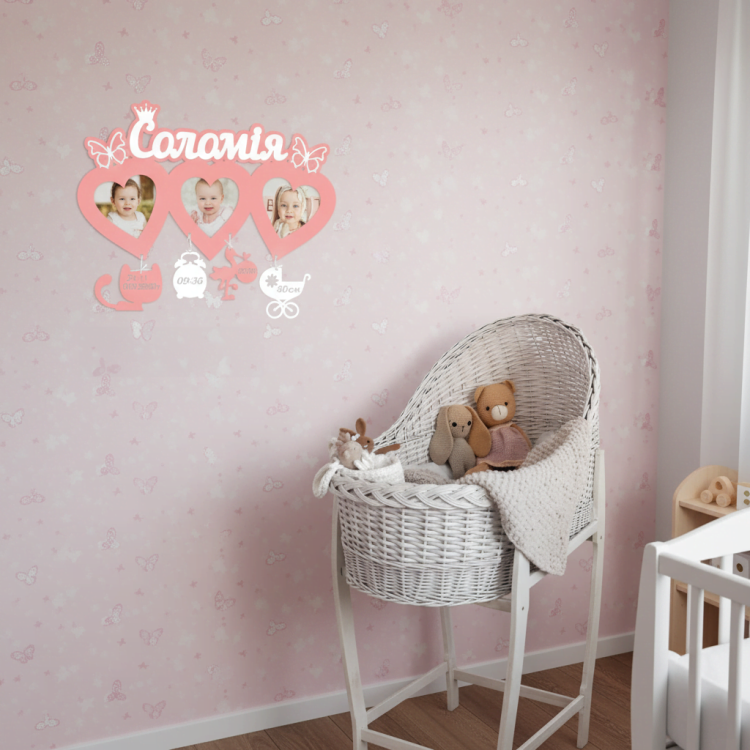 Дитяча іменна метрика на 3 фото в формі сердечок m39.com.ua Дитяча іменна метрика на 3 фото в формі сердечок