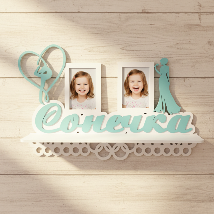 Медальниця з дерева з полицею з фоторамками