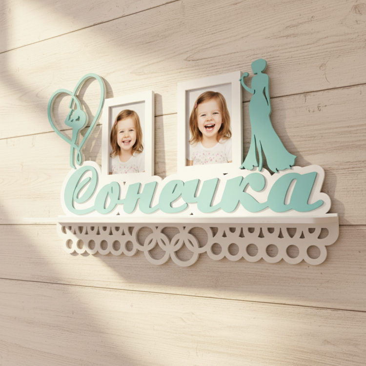 Медальниця з дерева з полицею з фоторамками