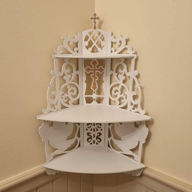 Иконостас домашний из дерева. Полка для Икон угловая с голубями