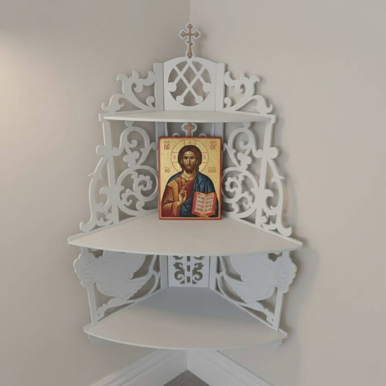 Иконостас домашний из дерева. Полка для Икон угловая с голубями