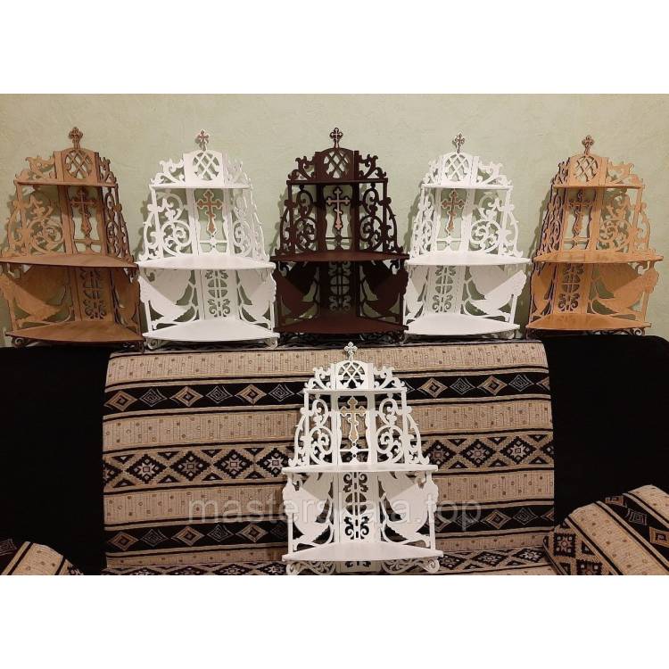 Иконостас домашний из дерева. Полка для Икон угловая с голубями