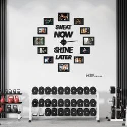 Часы в Спортзал "Sweat Now - Shine Later" с Фоторамками из Дерева