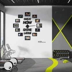 Часы в Спортзал "Sweat Now - Shine Later" с Фоторамками из Дерева